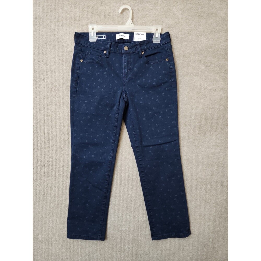 Sonoma Mid Rise Capri Jeans Womens 6 Blue Floral Supersoft Stretch NEW